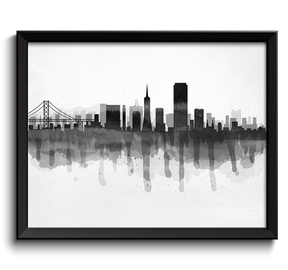 San Francisco Black White Grey Skyline California USA United States Cityscape Art Print Poster Water