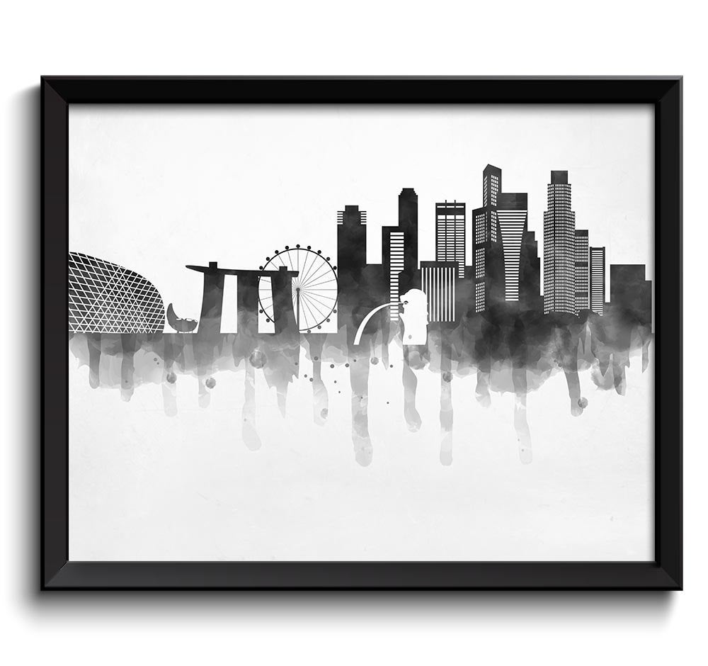 Singapore Black White Grey Skyline Asia Cityscape Art Print Poster Watercolor Painting