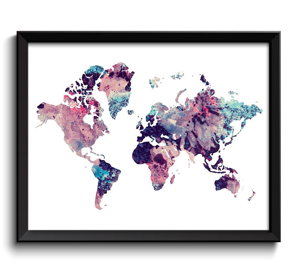 World Map Print Pink Blue Purple Navy Watercolor World Map Poster Print Globe Modern Abstract Landsc