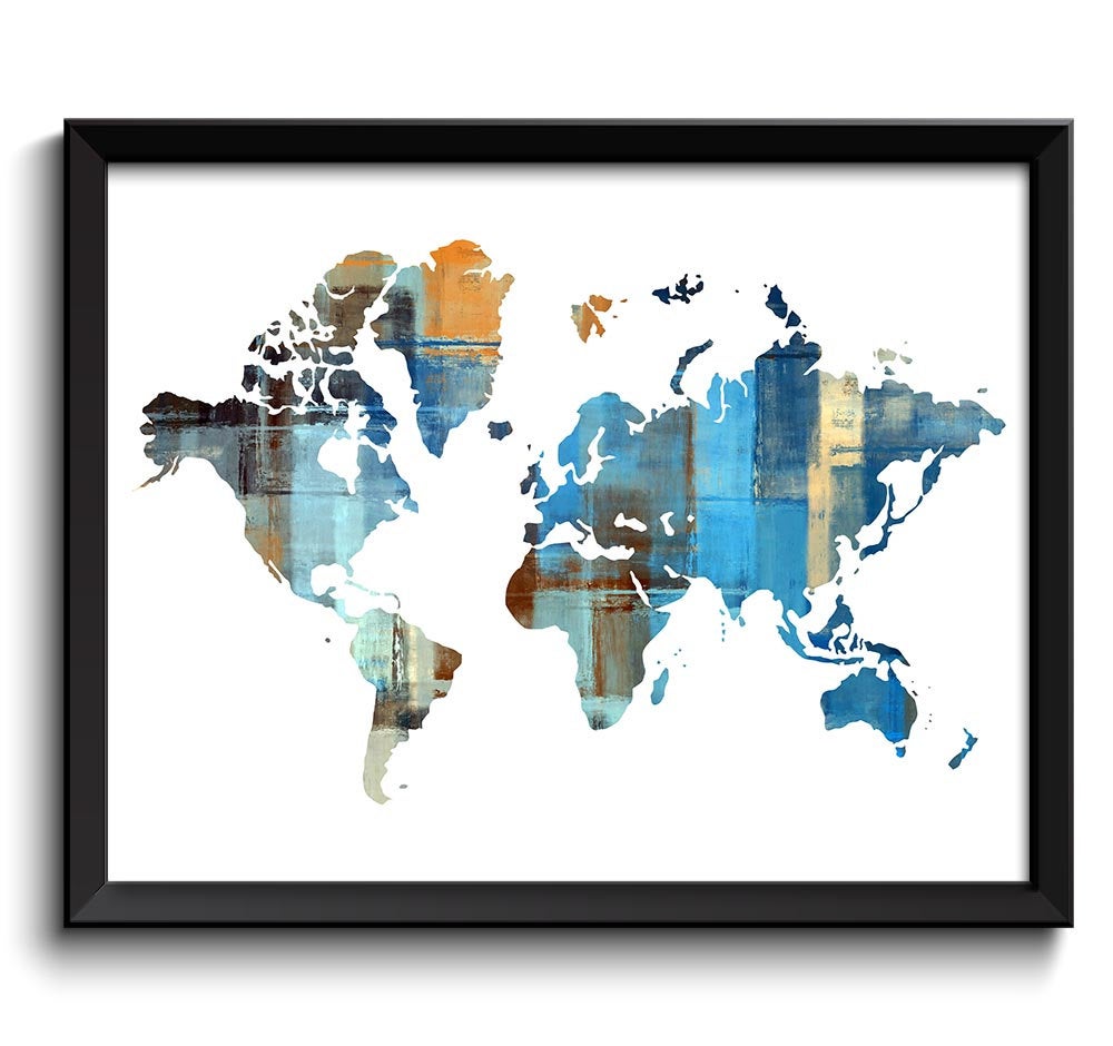 World Map Blue Brown Beige Print Watercolor World Map Poster Print Globe Modern Abstract Landscape A