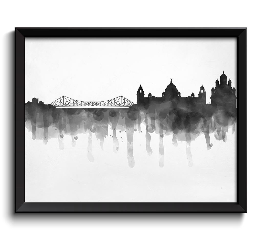 Kolkata Black White Grey Skyline India Cityscape Art Print Poster Watercolor Painting