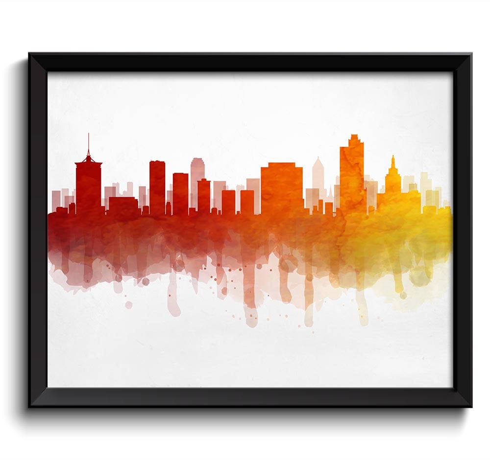 Tulsa Skyline Oklahoma USA United States Cityscape Art Print Poster Red Orange Yellow Watercolor Pai