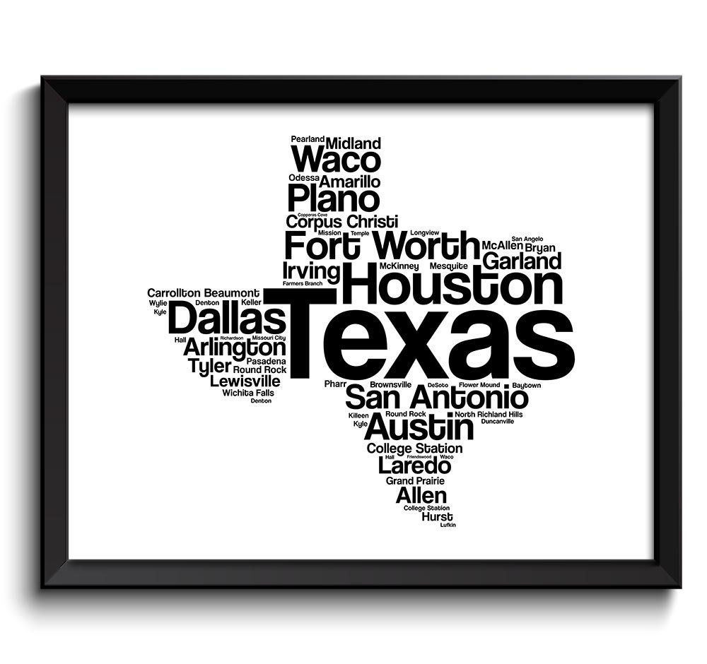 Texas Map Typography Print Text Word Cloud Black White Poster Print USA United States Modern Landsca