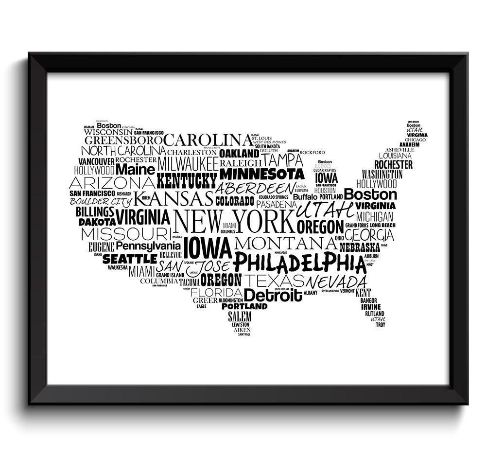 USA United States Text Map Word Cloud Black White Typography Poster Print Country Modern Landscape W