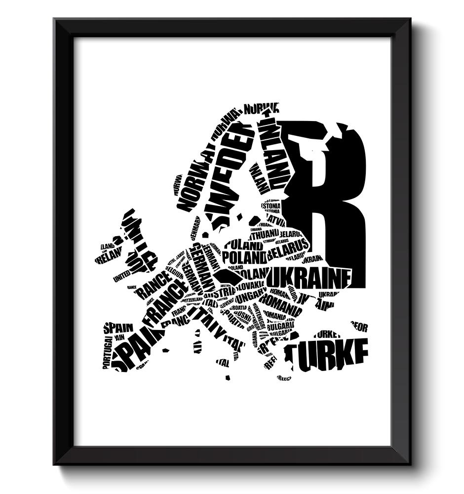 Europe Map Text Word Cloud Typography Print Black White Poster Print European Modern Abstract Landsc