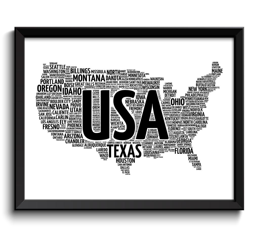 USA United States Text Word Cloud Map Black White Poster Print Modern Abstract Typography Landscape 