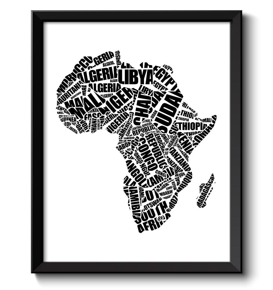 Africa Text Word Cloud Map Typography Print Black White Poster Print African Country Modern Landscap