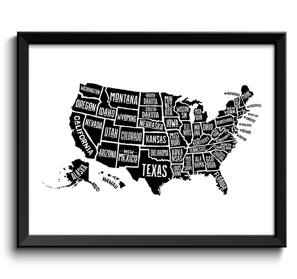 Black USA United States White Text Map Word Cloud Typography Poster Print Country Modern Landscape W