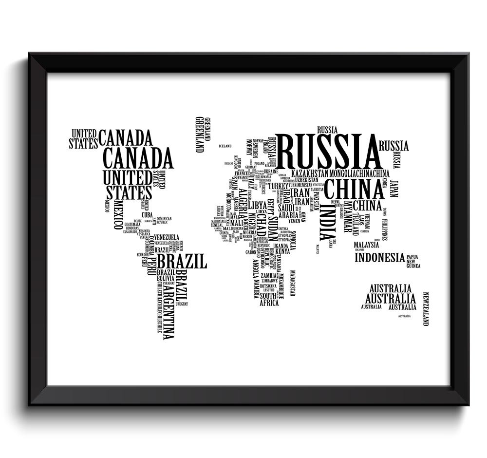 World Text Word Cloud Typography World Map Poster Print Globe Modern Abstract Landscape Wall Art Pai