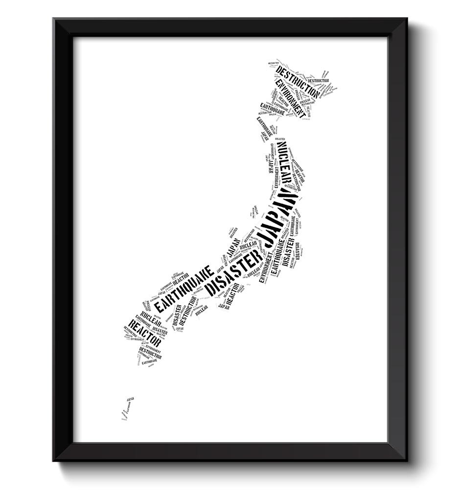 Japan Map Text Word Cloud Typography Print Black White Poster Print Asia Country Modern Landscape Wa