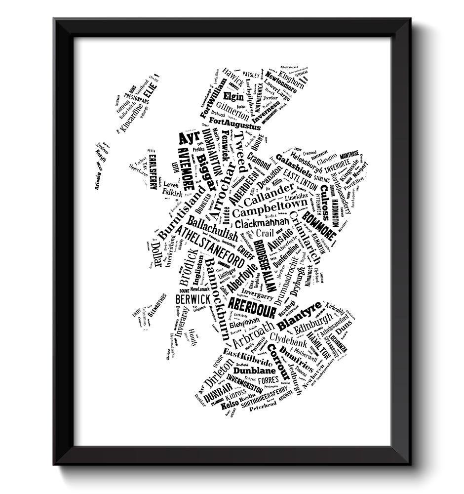 Scotland Map Text Word Cloud Typography Black White Poster Print Europe Modern Abstract Landscape Wa