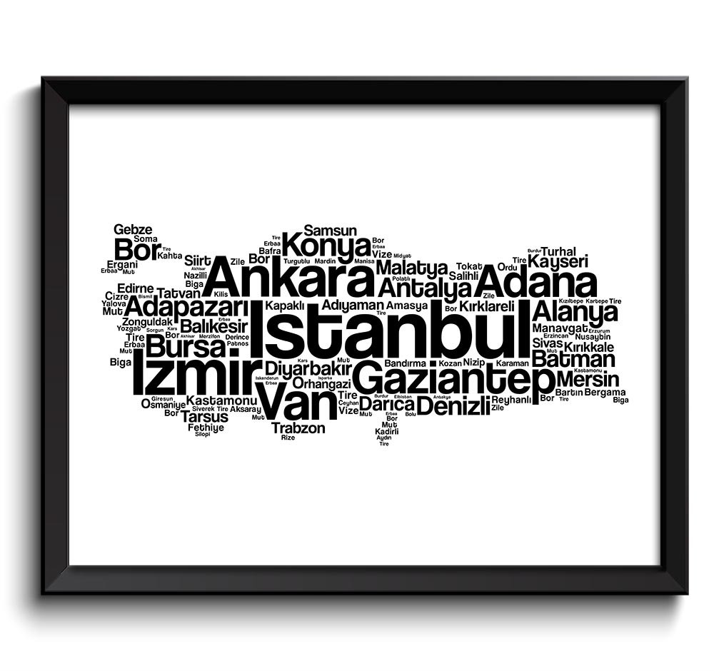 Istanbul Map Black White State Text Words Poster Print Turkey Country States Modern Typography Print