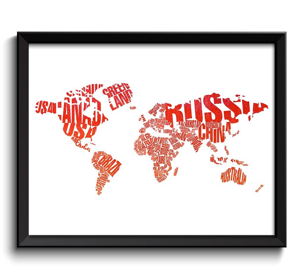 World Text Words Typography World Map Poster Print Orange Coral Watercolor Word Cloud Globe Abstract