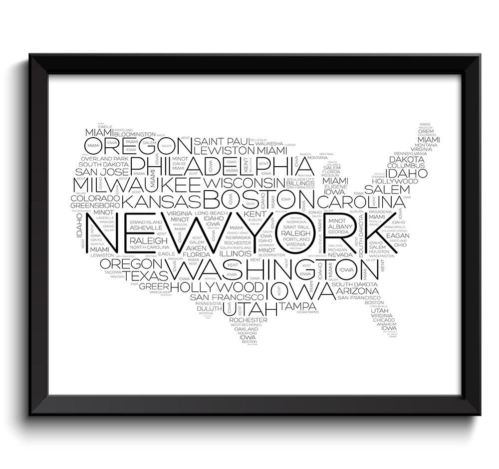 USA Map Typography Print Text Word Cloud Black White Poster Print United States Modern Landscape Wal