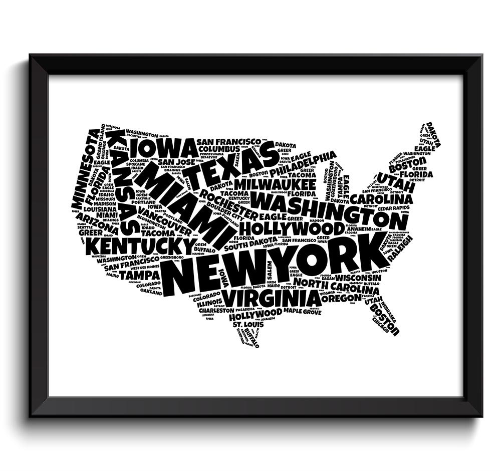 United States Map Typography Print Text Word Cloud Black White Poster Print USA United States Modern