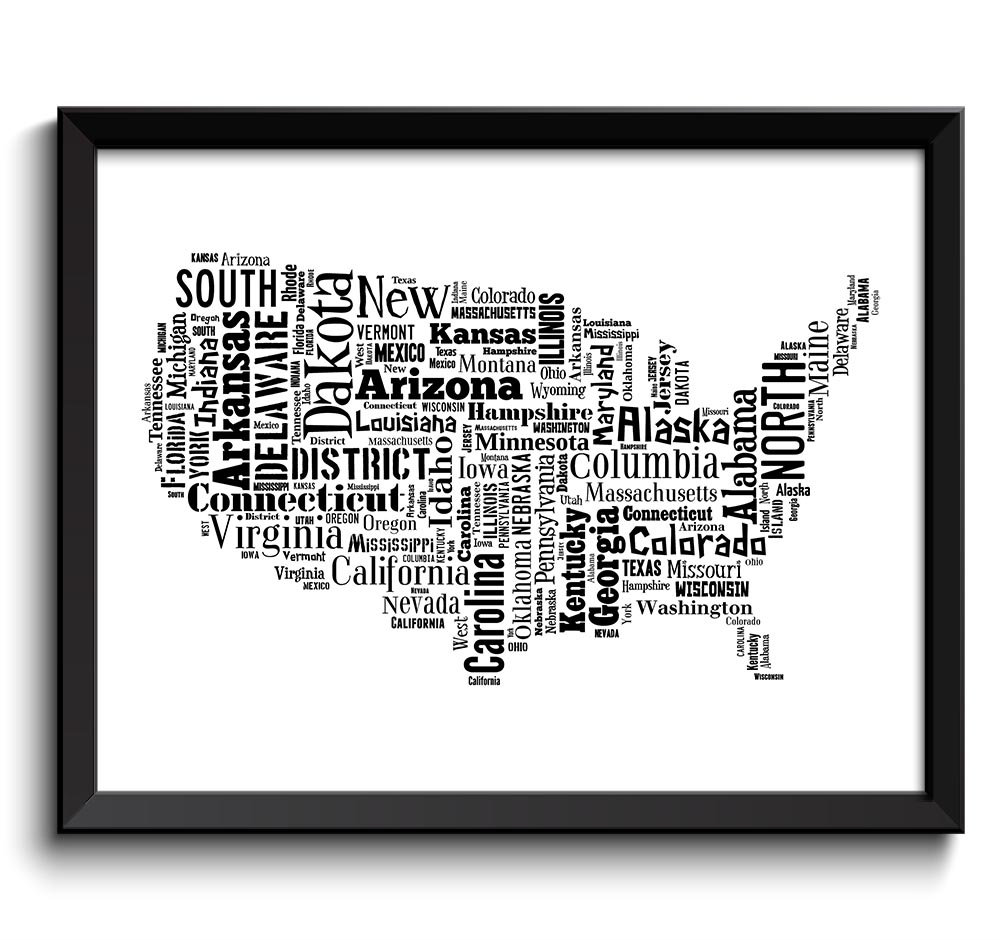 United States USA Map State Text Word Cloud Black White Poster Print Modern Typography Print Landsca