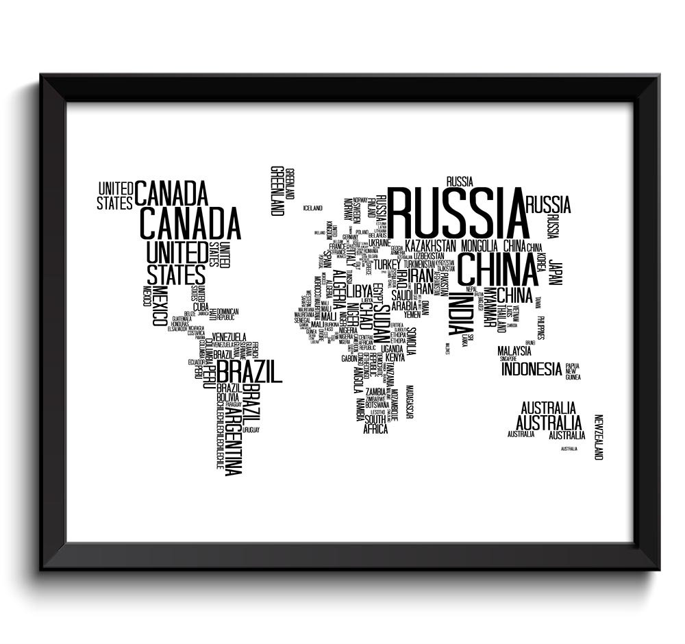 World Map Typography Print Text Word Cloud Black White Poster Print Globe Modern Abstract Minimalist