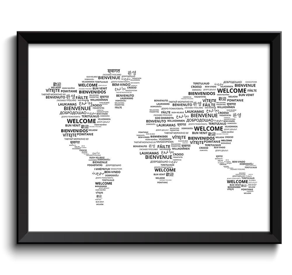 World Welcome in Different Languages Word Cloud Typography Print Text Black White Poster Print Moder