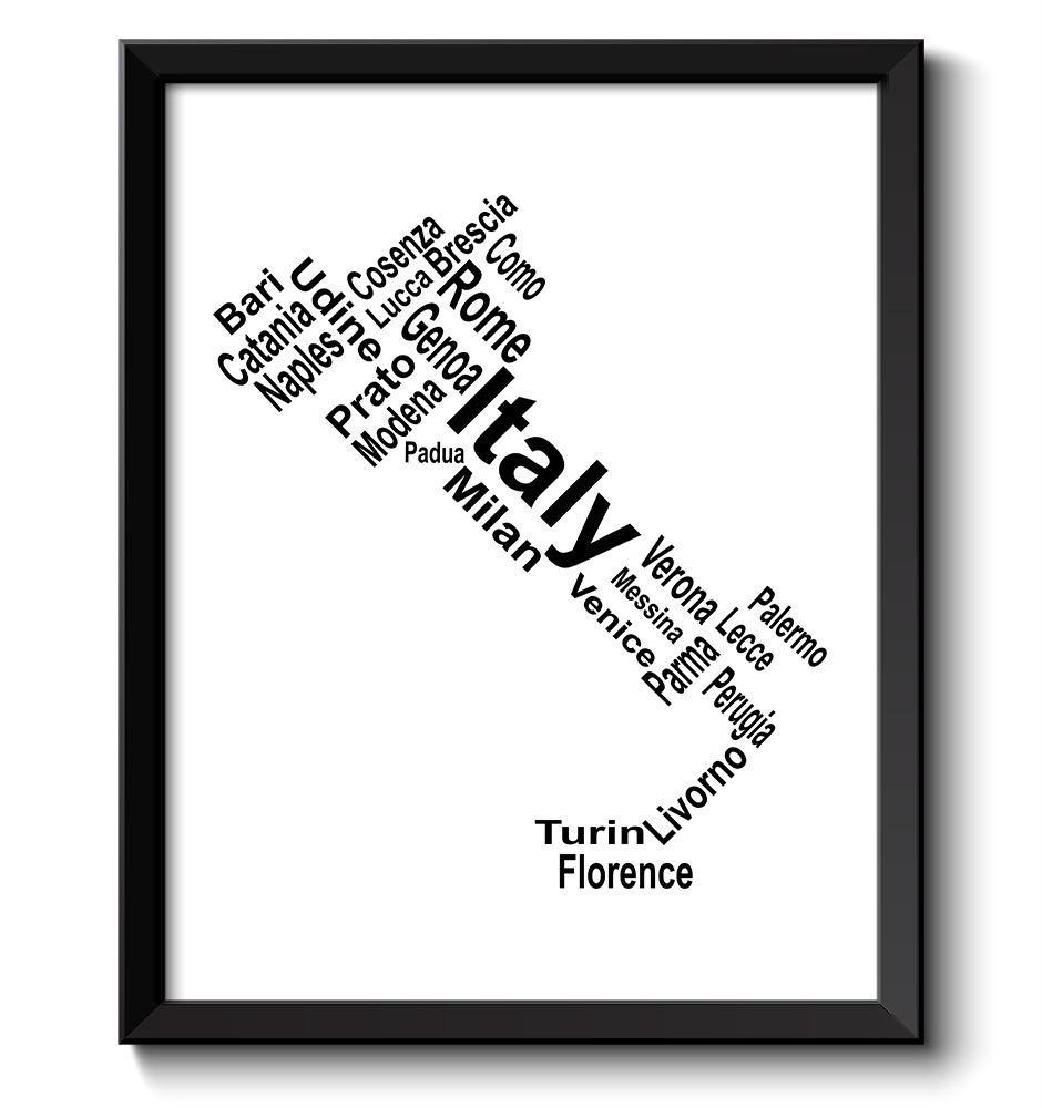 Italy Map Text Word Cloud Typography Print Black White Poster Print Europe Country Modern Landscape 