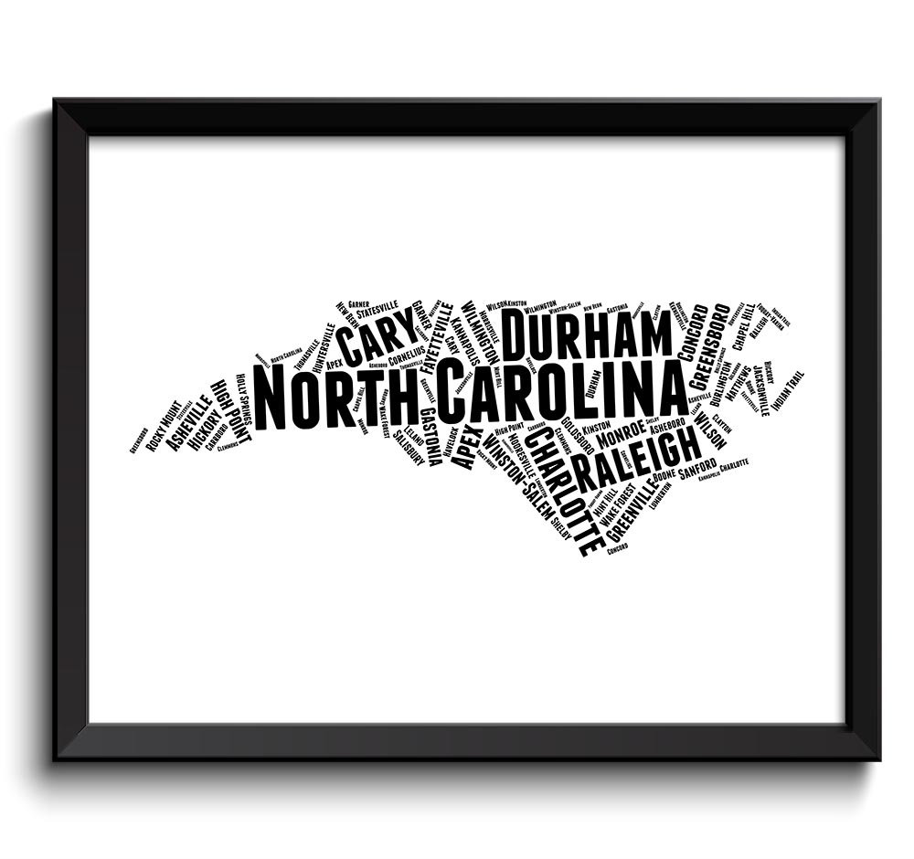 North Carolina Map Typography Print Text Word Cloud Black White Poster Print USA United States Moder