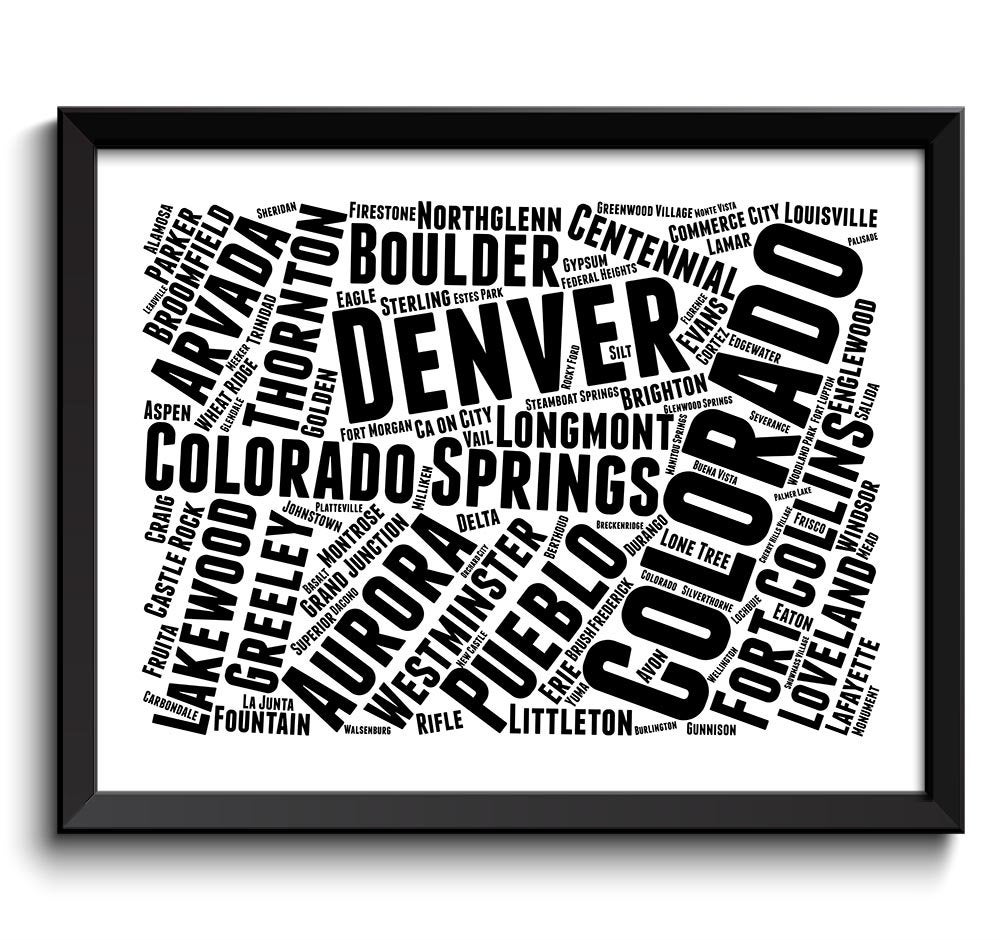 Colorado Map Typography Print Text Word Cloud Black White Poster Print USA United States Modern Abst