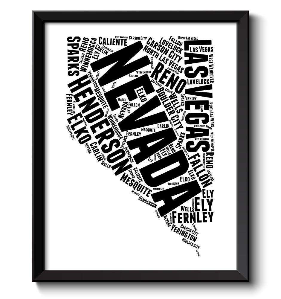 Nevada Map Typography Print Text Word Cloud Black White Poster Print USA United States Modern Abstra