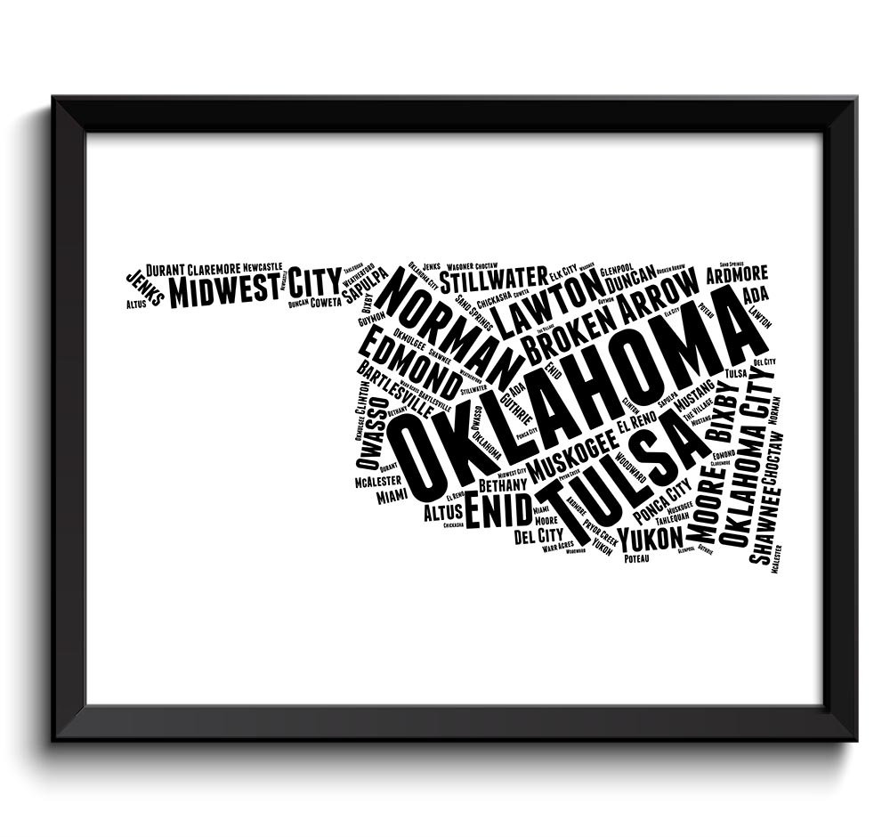 Oklahoma Map Typography Print Text Word Cloud Black White Poster Print USA United States Modern Land