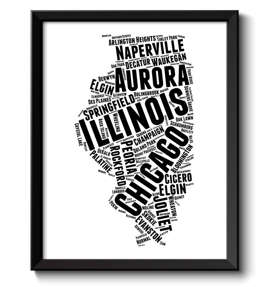 Illinois Map Typography Print Text Word Cloud Black White Poster Print USA United States Modern Abst