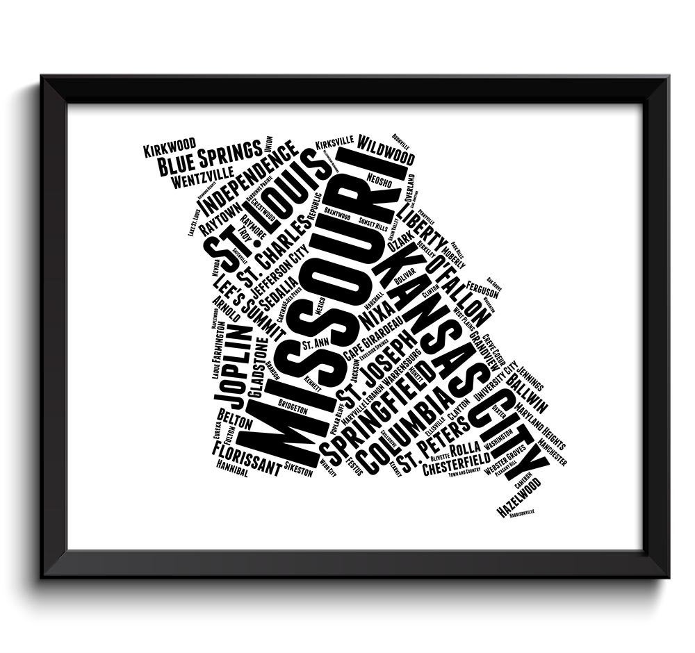 Missouri Map Typography Print Text Word Cloud Black White Poster Print USA United States Modern Abst