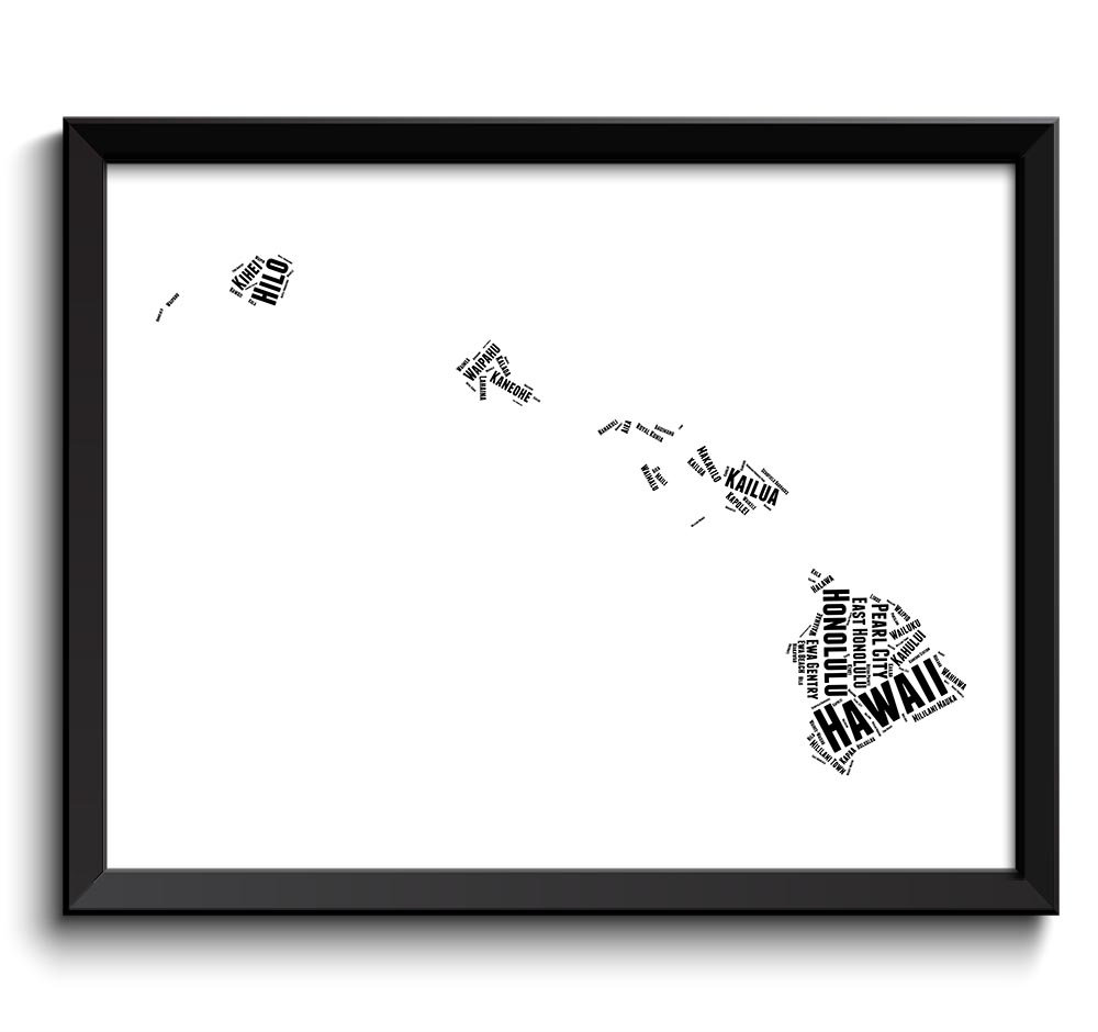 Hawaii Map Typography Print Text Word Cloud Black White Poster Print USA United States Modern Abstra