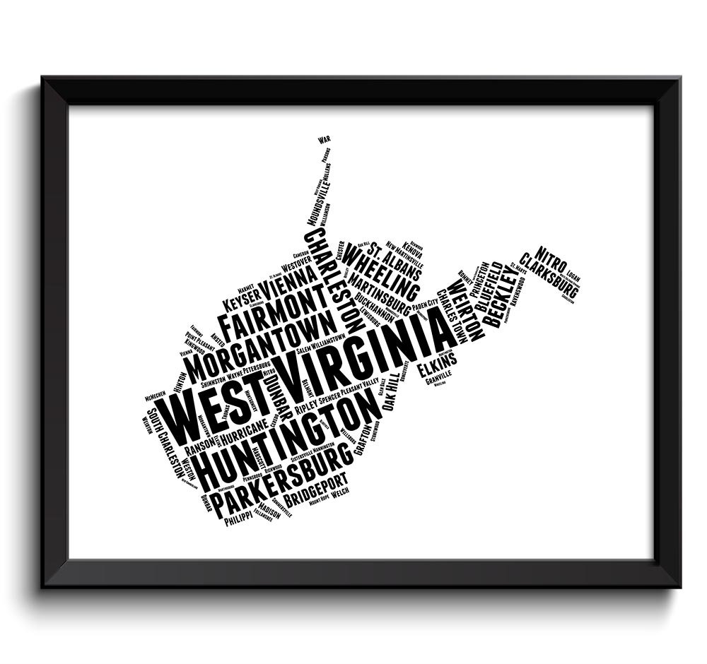 West Virginia Map Typography Print Text Word Cloud Black White Poster Print USA United States Modern