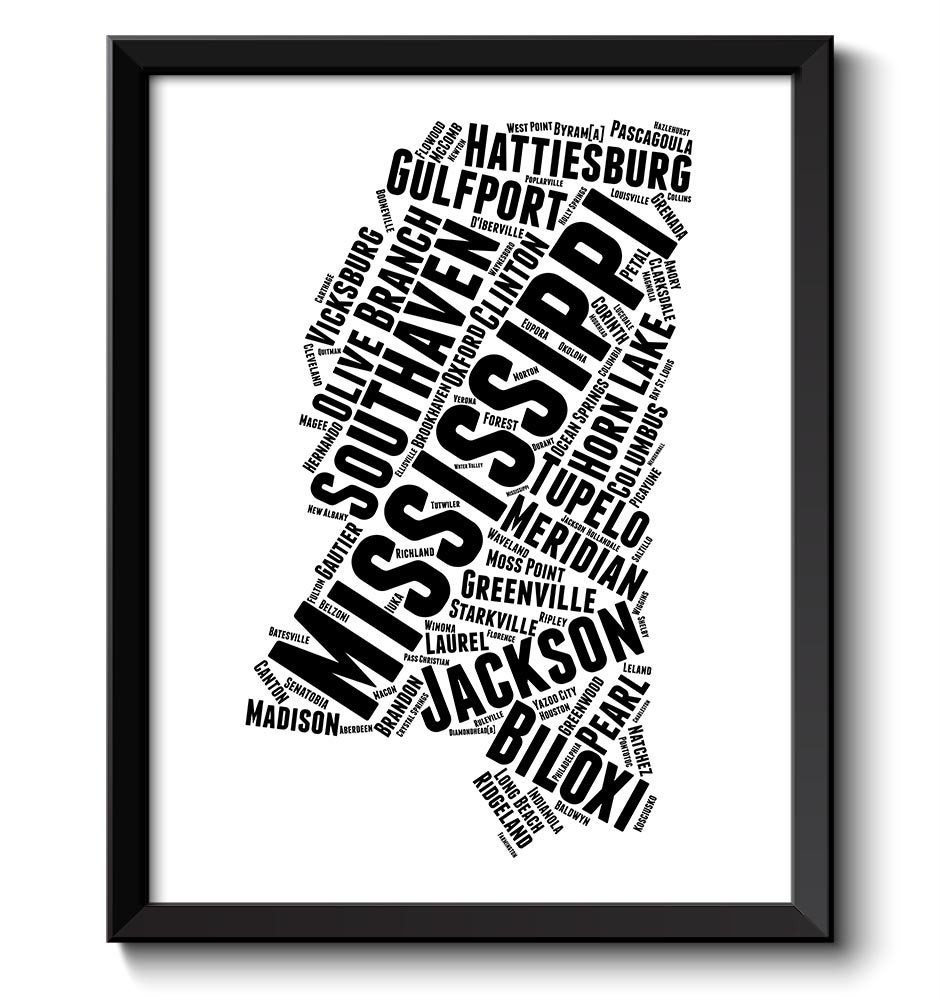 Mississippi Map Typography Textography Text Word Cloud Black White Poster Print USA United States La