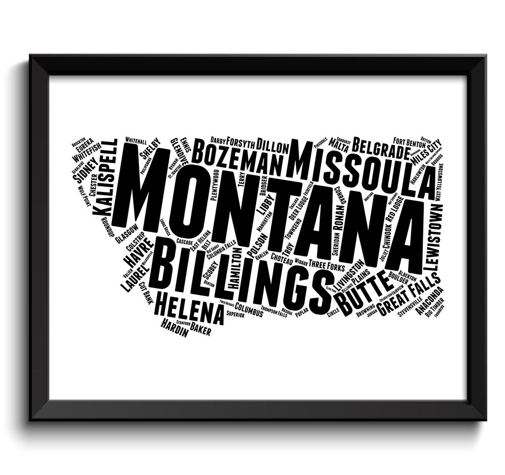 Montana Map State Text Word Cloud Black White Poster Print USA United States Modern Print Landscape 