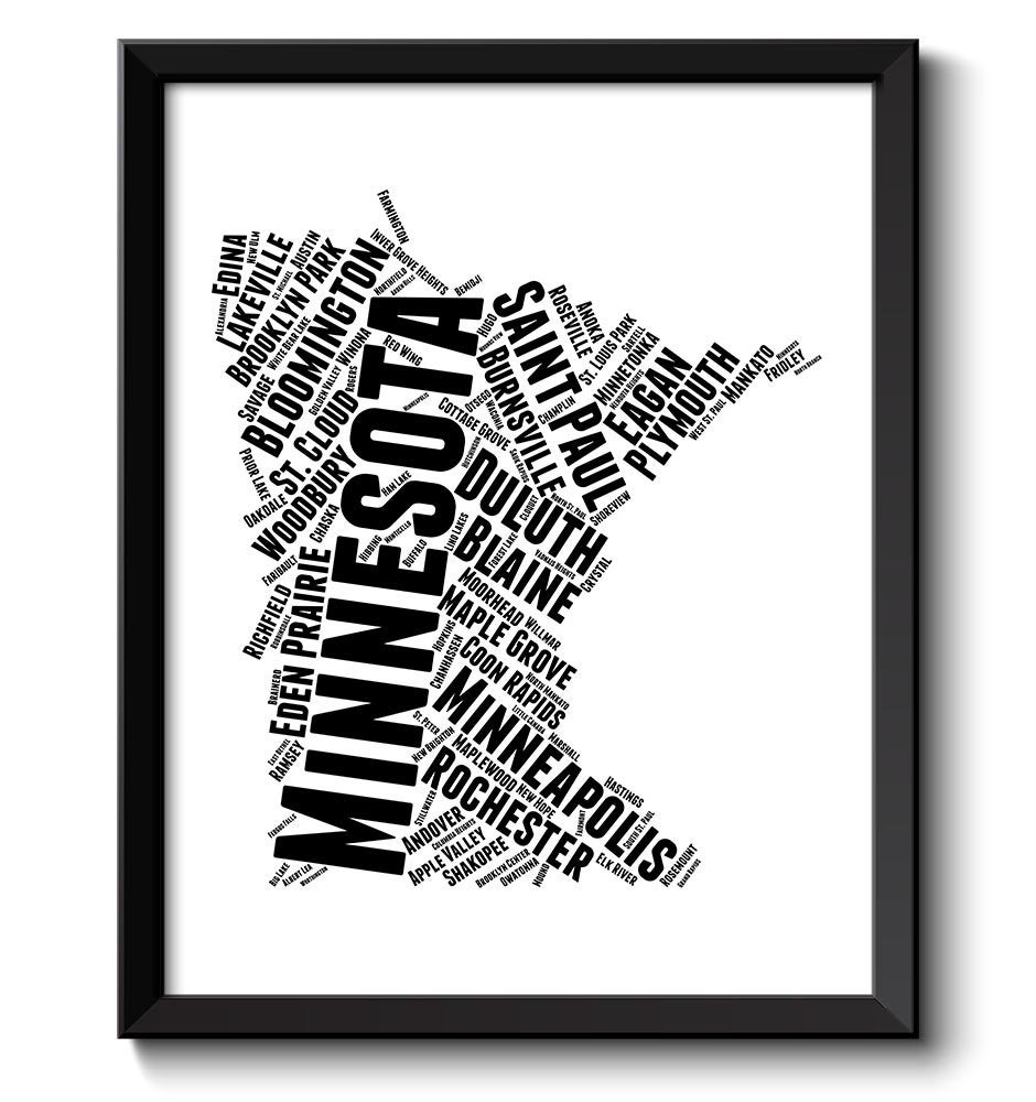 Minnesota Map Typography Print Text Word Cloud Black White Poster Print USA United States Modern Lan