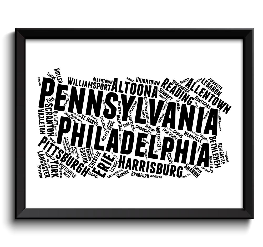 Pennsylvania Map Text Word Cloud Black White Grey Poster Print USA United States Modern Abstract Pri