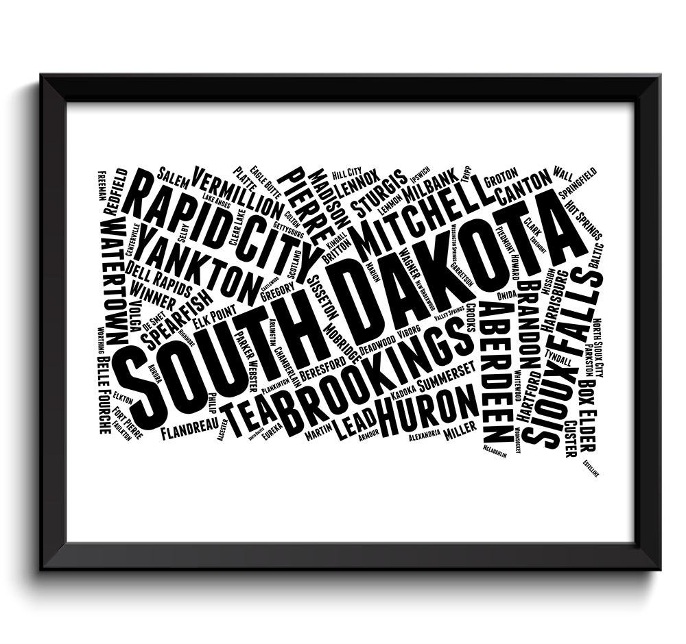 South Dakota Map State Text Word Cloud Black White Poster Print USA United States Modern Abstract Pr