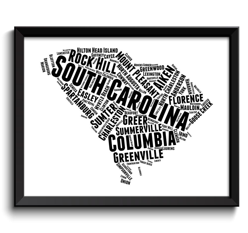 South Carolina Map Typography Print Text Word Cloud Black White Poster Print USA United States Lands