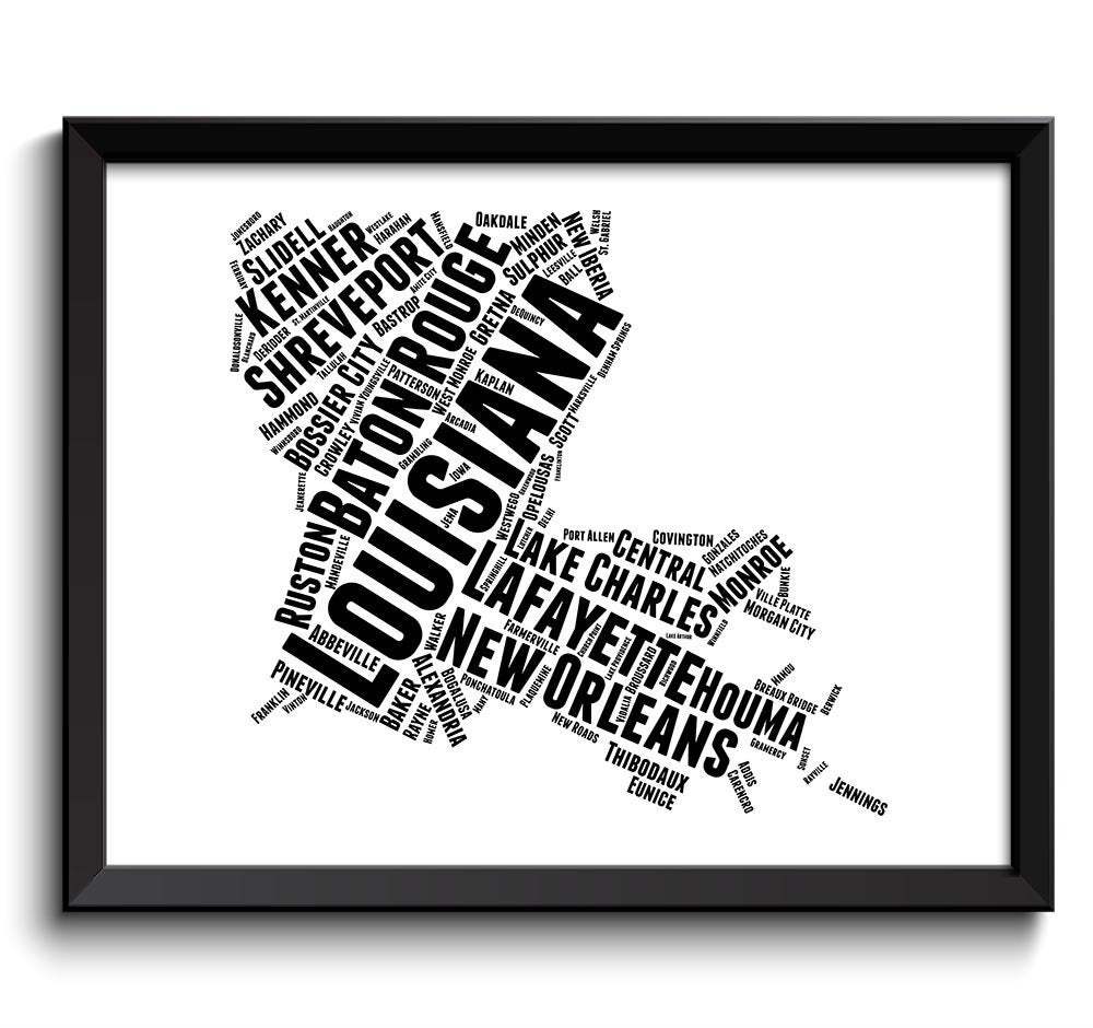 Louisiana Map Typography Textography Text Word Cloud Black White Poster Print USA United States Mode