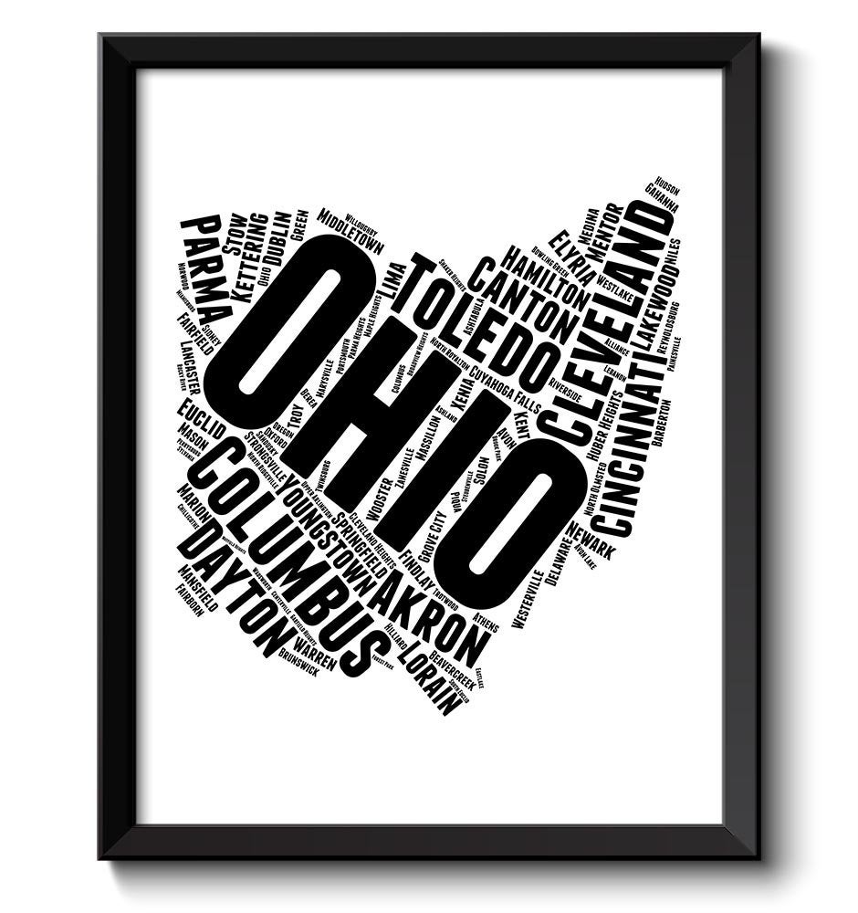 Ohio Map State Text Word Cloud Black White Poster Print USA United States Modern Abstract Print Land