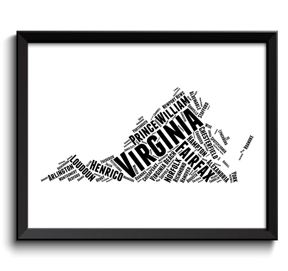 Virginia Map Typography Print Text Word Cloud Black White Poster Print USA United States Modern Abst