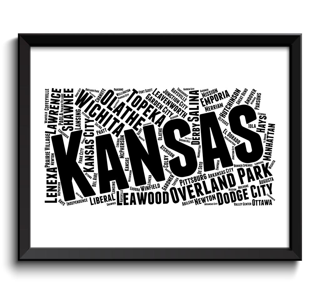 Kansas Map State Text Words Watercolor Poster Print USA United States Modern Abstract Landscape Art 