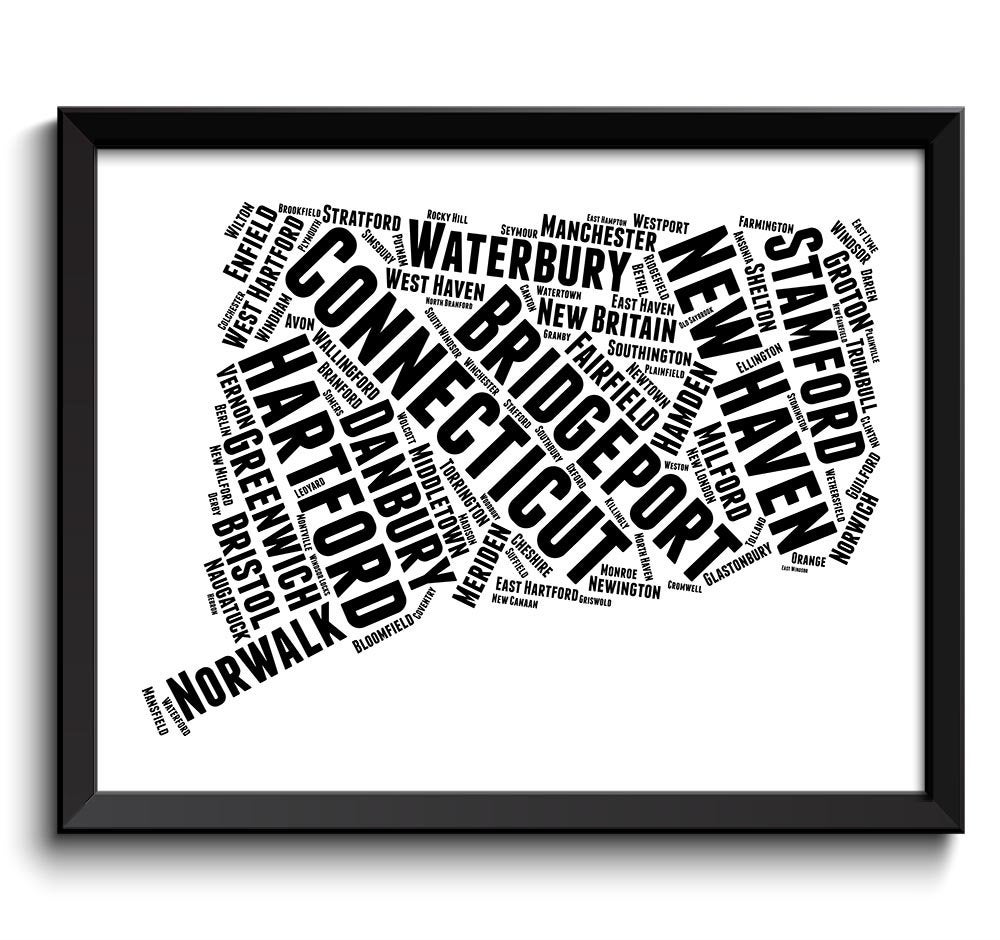 Connecticut Map State Text Words Watercolor Poster Print Black White USA United States Modern Landsc