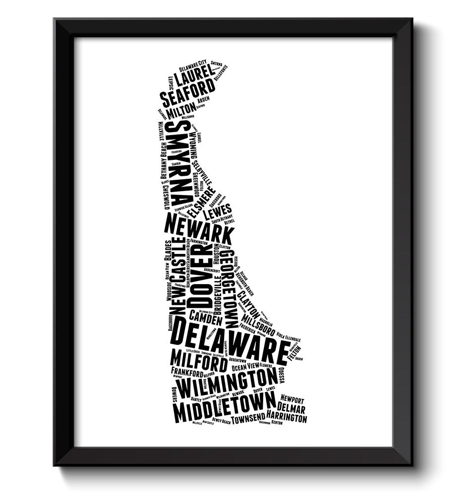 Delaware Map State Text Words Watercolor Poster Print Black White USA United States Modern Abstract 