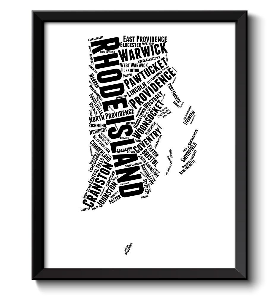 Rhode Island Map State Text Words Black White Watercolor Poster Print USA United States Modern Lands