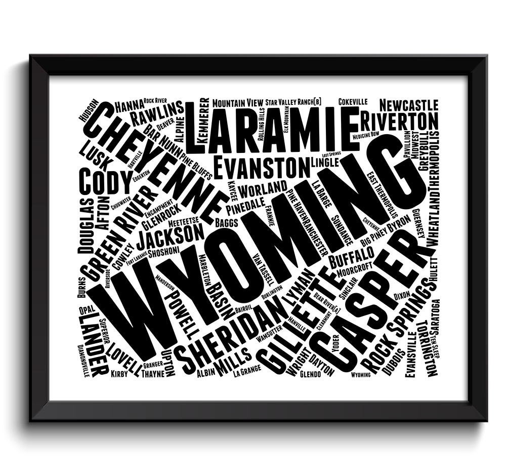 Wyoming Map State Text Word Cloud Black White Poster Print USA United States Modern Print Landscape 