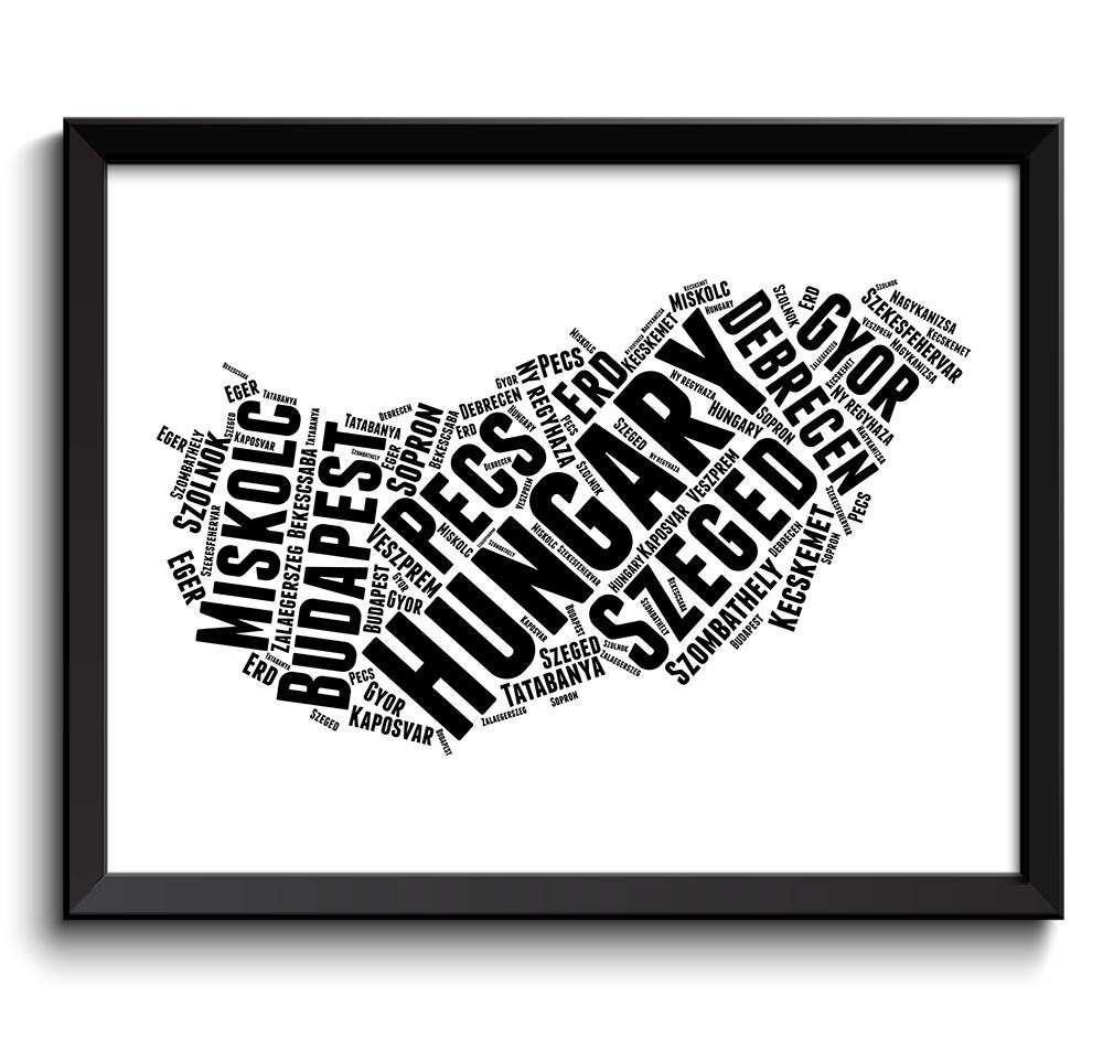 Hungary Text Word Cloud Map Black White Typography Poster Print Country Europe Modern Abstract Lands