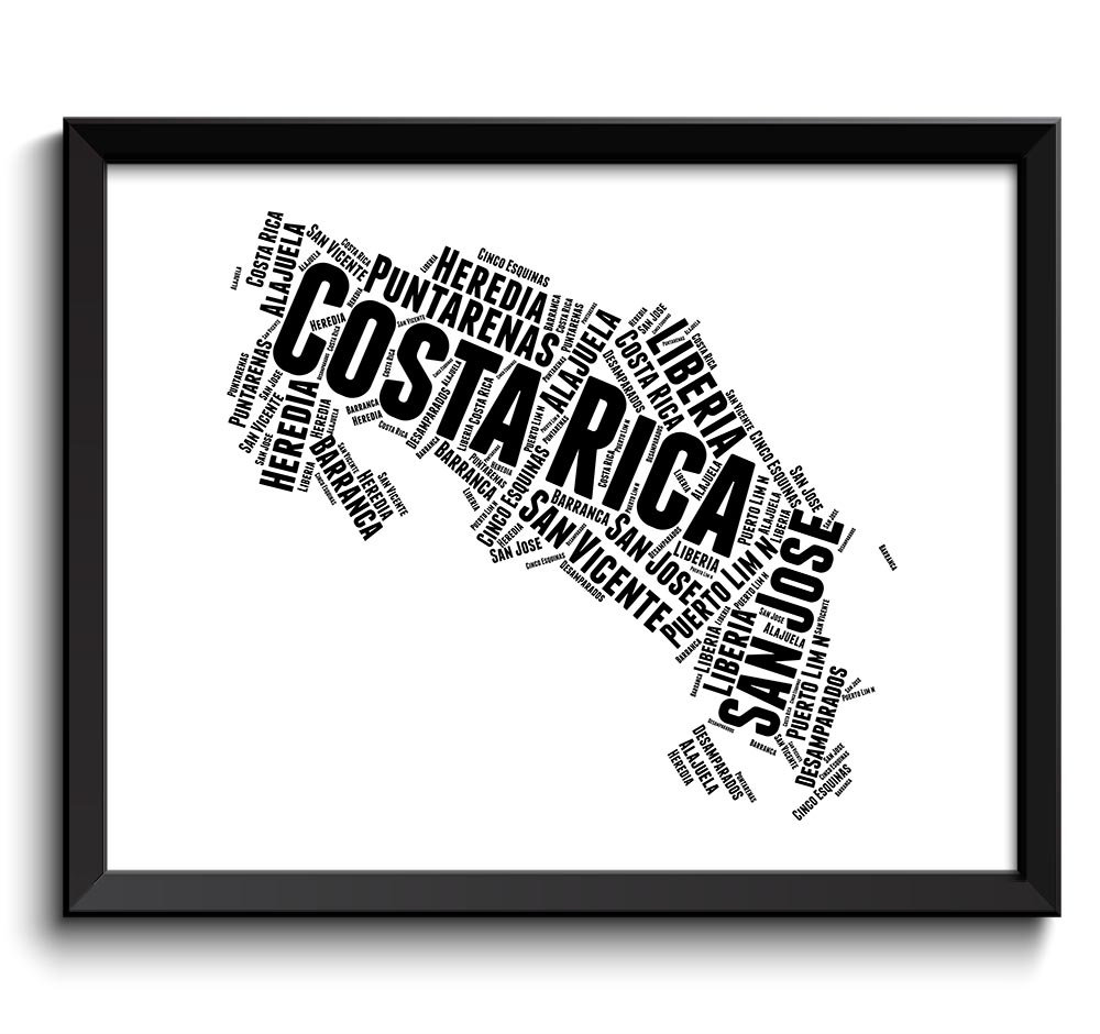 Costa Rica Text Map Word Cloud Black White Typography Poster Print Country Modern Abstract Landscape