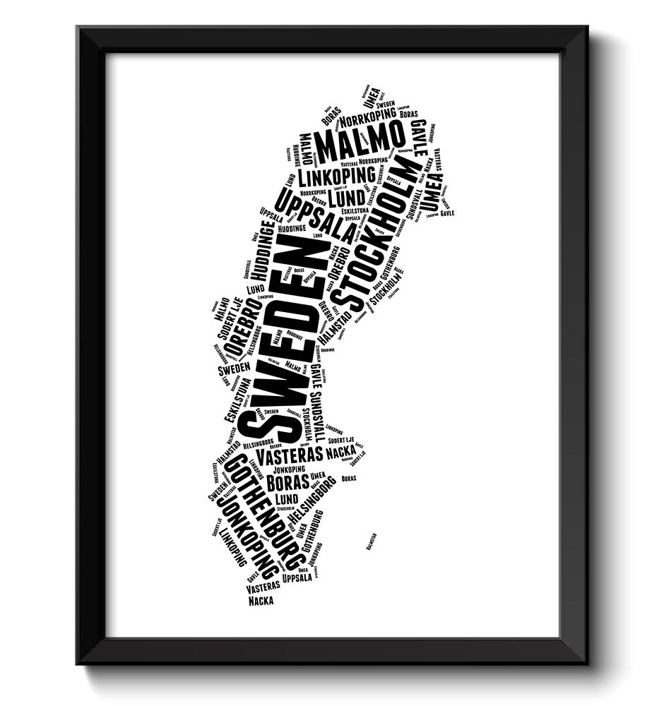 Sweden Map Text Words Typography Print Black White Poster Print Europe Country Modern Abstract Lands