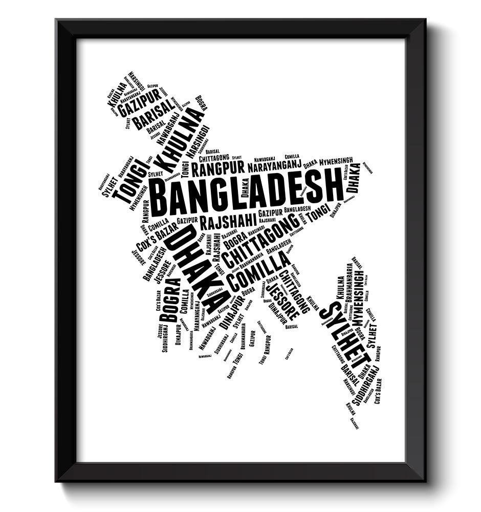 Bangladesh Text Word Cloud Map Black White Typography Poster Print Country Asia Modern Abstract Land