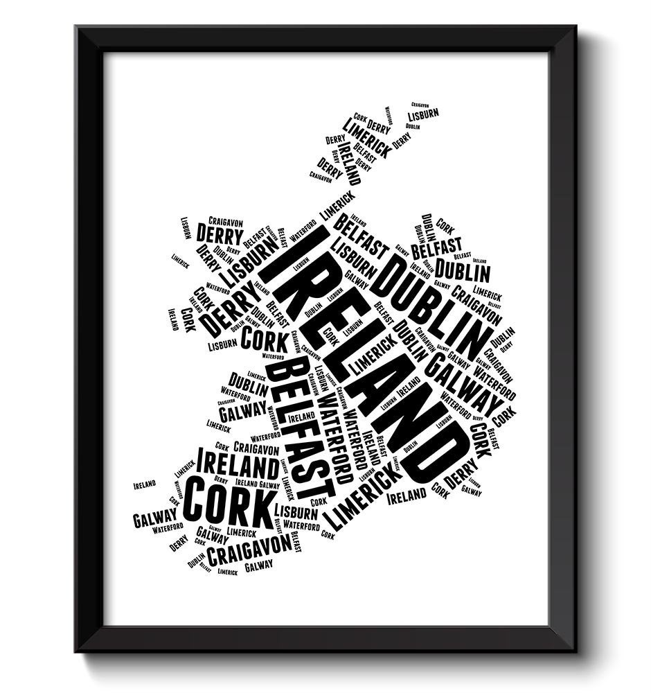 Ireland Map Text Word Cloud Typography Print Black White Poster Print Country Modern Abstract Landsc